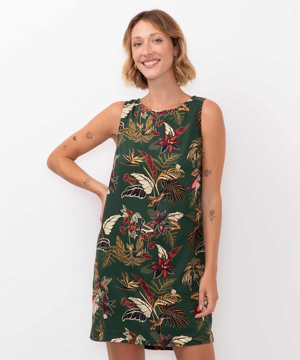 vestido curto de viscose floral verde