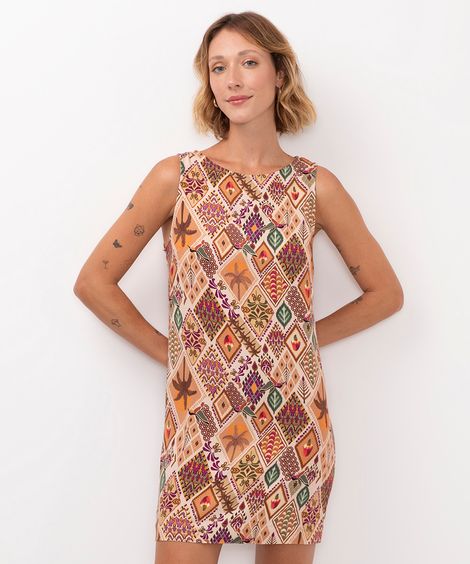 vestido curto de viscose tropical bege