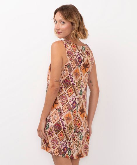 vestido curto de viscose tropical bege