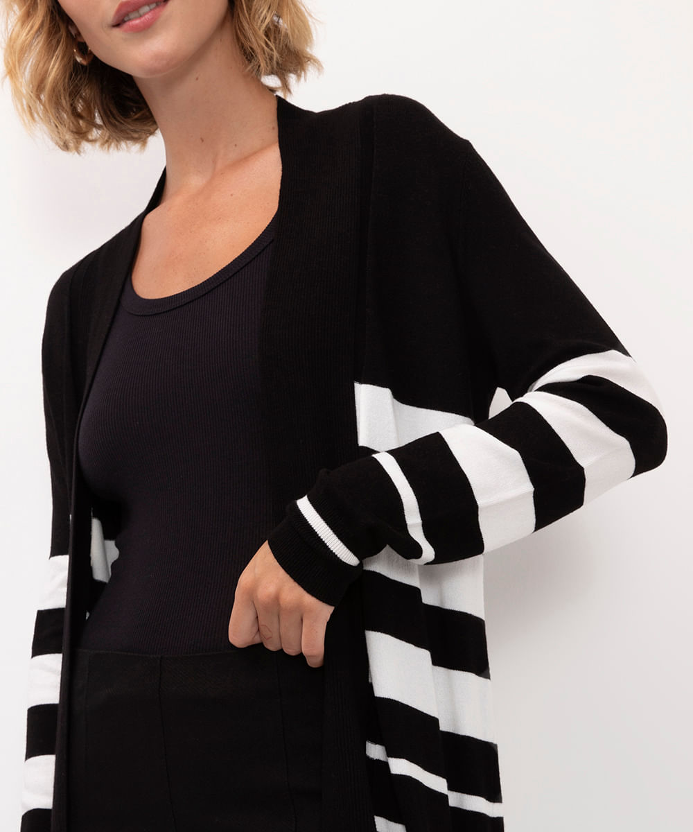 cardigan de tricô listrado detalhe canelado preto