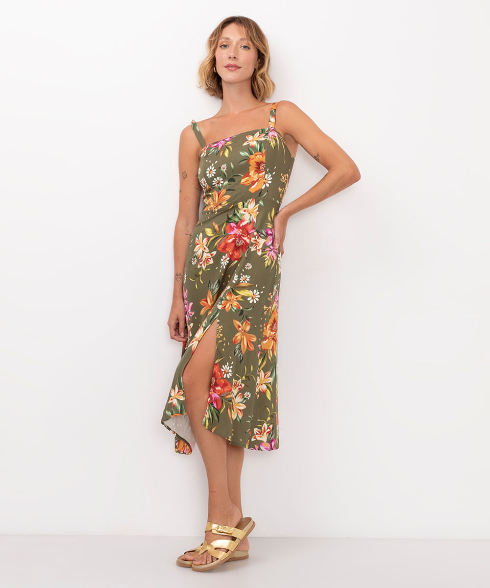 vestido midi de viscose floral verde