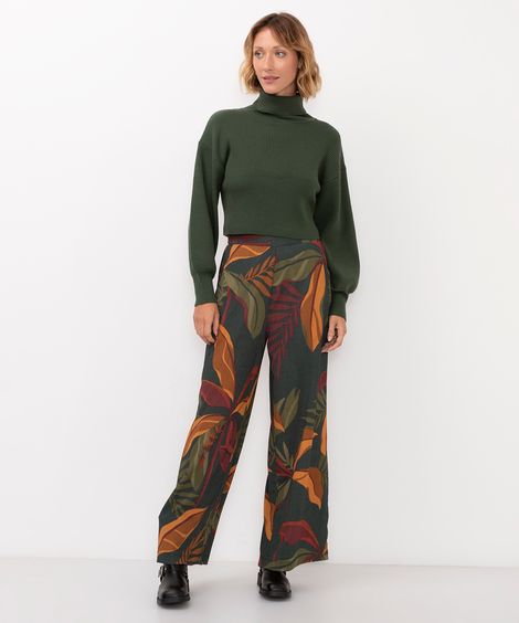 calça wide leg cintura alta folhagem verde