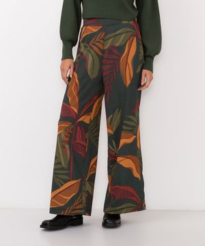 calça wide leg floral cintura alta verde