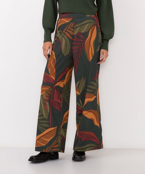 calça wide leg cintura alta folhagem verde
