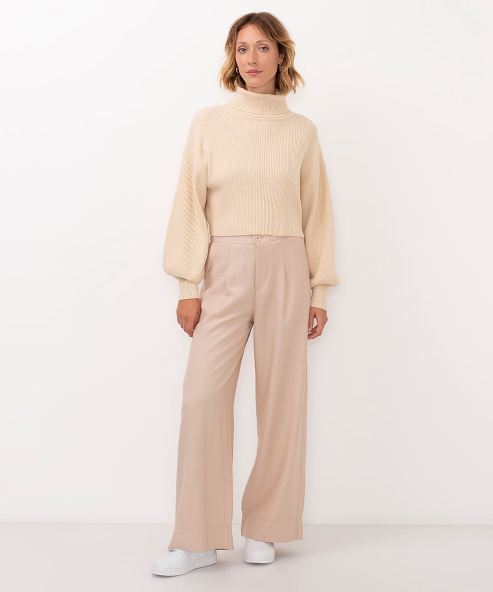 calça wide leg de viscose cintura alta bege