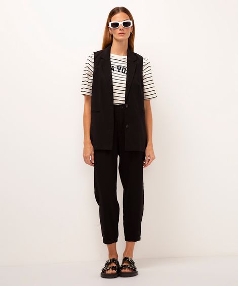 calça carrot de viscose cintura alta com elástico - preto