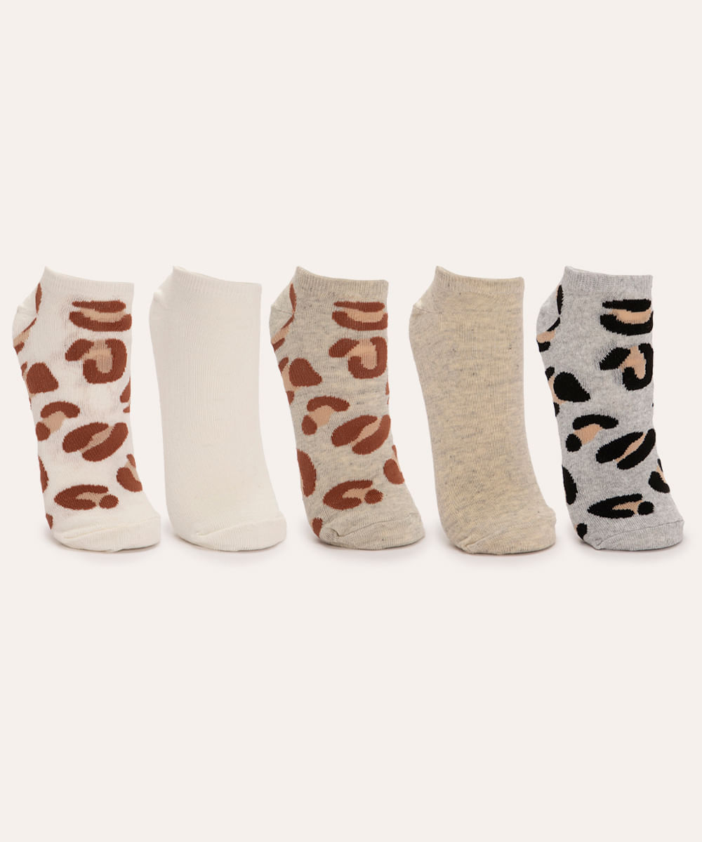 kit de 5 pares de meias cano médio animal print colorido