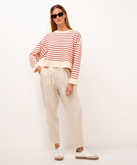 calça carrot de viscose cintura alta com elástico - cru
