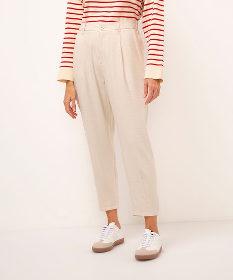 calça carrot de viscose cintura alta com elástico - cru