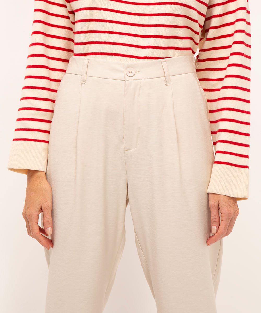 calça carrot de viscose cintura alta com elástico - cru