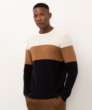 suéter de tricot canelado azul marinho