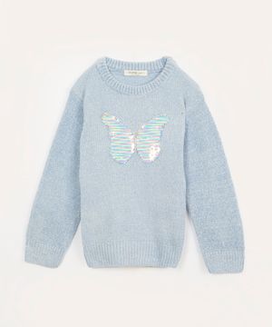 suéter infantil chenille borboleta paetê azul