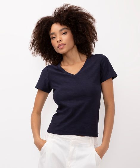 camiseta de algodão peruano decote v - azul marinho