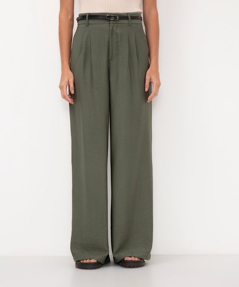calça wide leg de viscose cintura alta com cinto verde