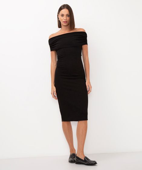 vestido midi ombro a ombro com franzido preto