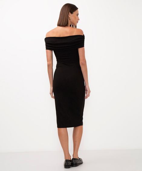 vestido midi ombro a ombro com franzido preto