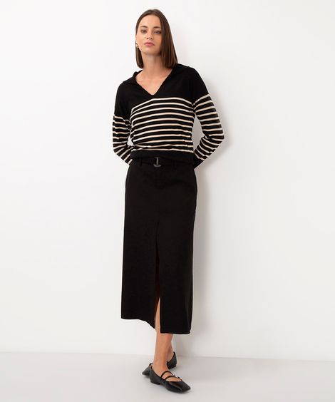 saia midi de viscose com fenda cintura alta preto