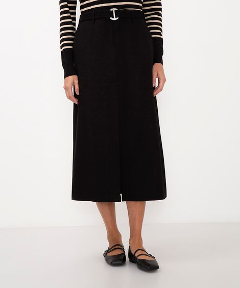 saia midi de viscose com fenda cintura alta preto