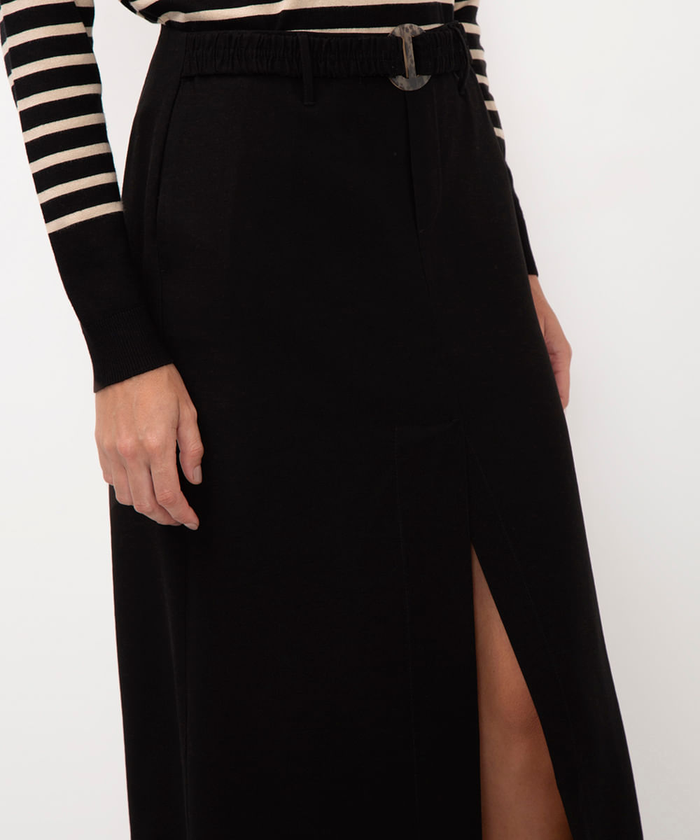 saia midi de viscose com fenda cintura alta preto