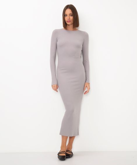 vestido longo de viscose canelada cinza