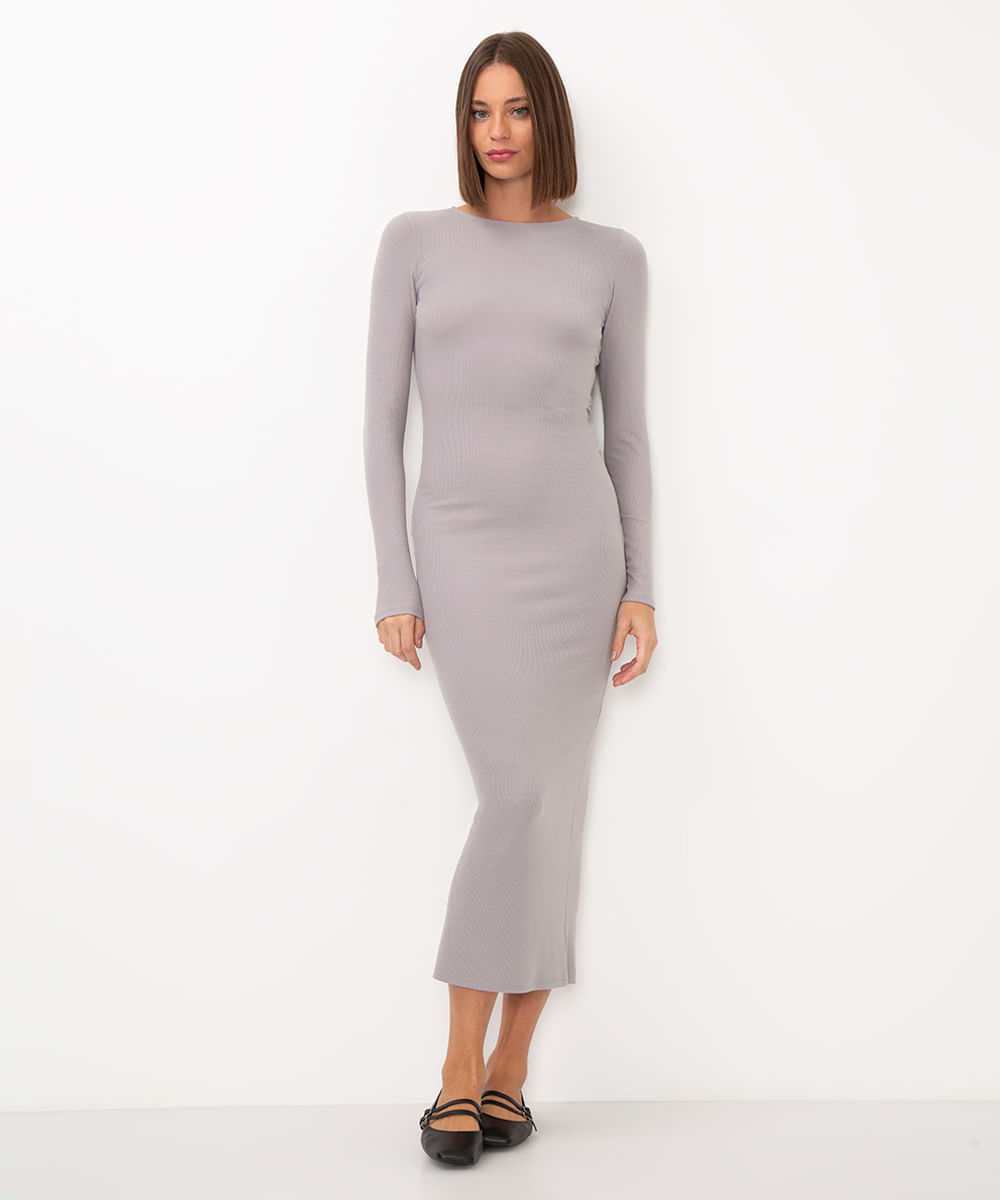vestido longo de viscose canelada cinza