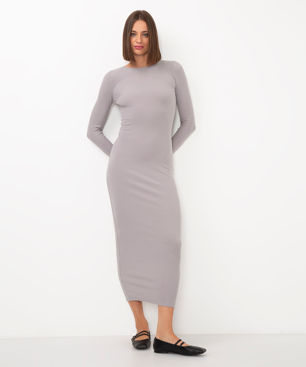 vestido longo de viscose canelada cinza