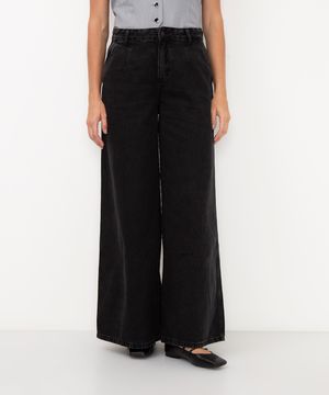 calça jeans super wide leg cintura alta preta