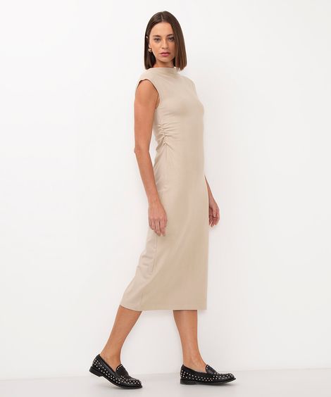 vestido midi de viscose com franzido bege