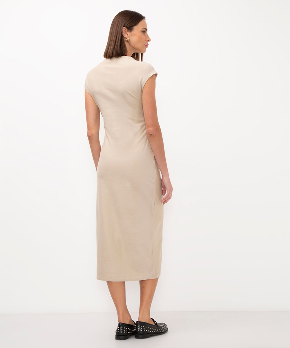 vestido midi de viscose com franzido bege
