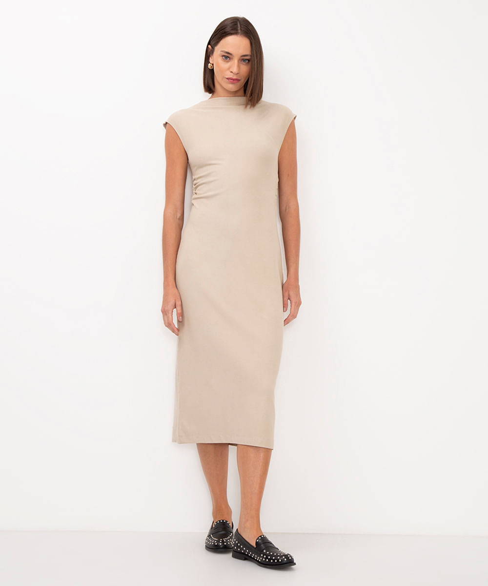 vestido midi de viscose com franzido bege