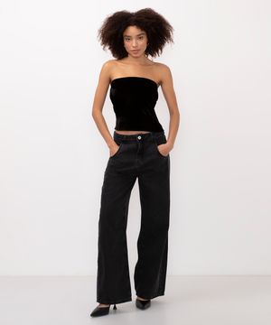 calça jeans wide leg oversized cintura média preta