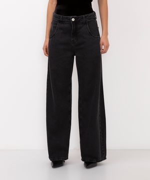 calça jeans wide leg oversized cintura média preta