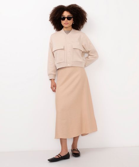 saia midi evasê de viscose off white - bege