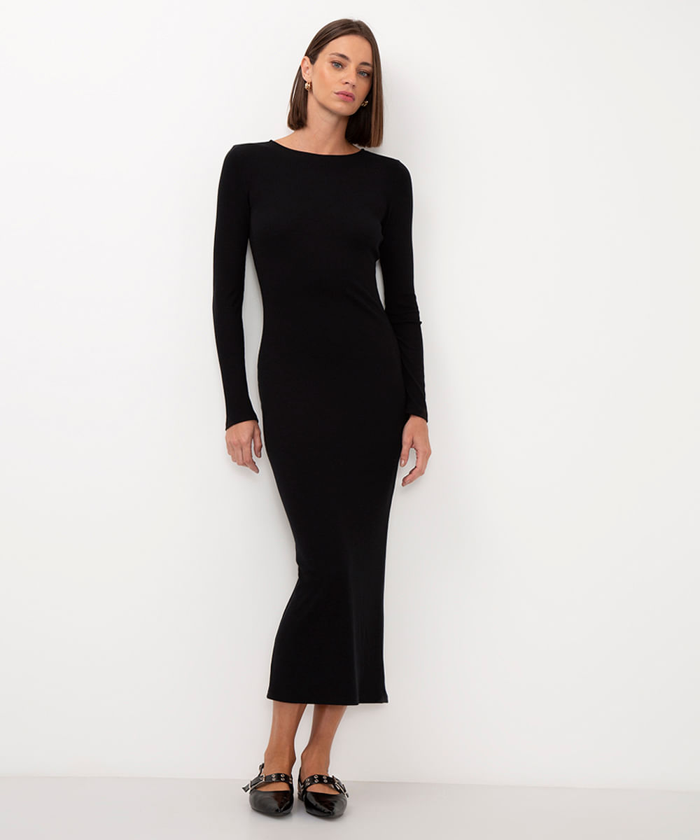 vestido longo de viscose canelada - PRETO