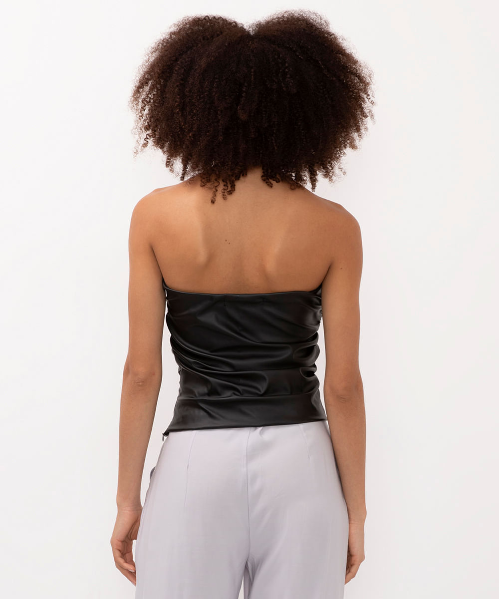 blusa de poliuretano sem alças com drapeado preta