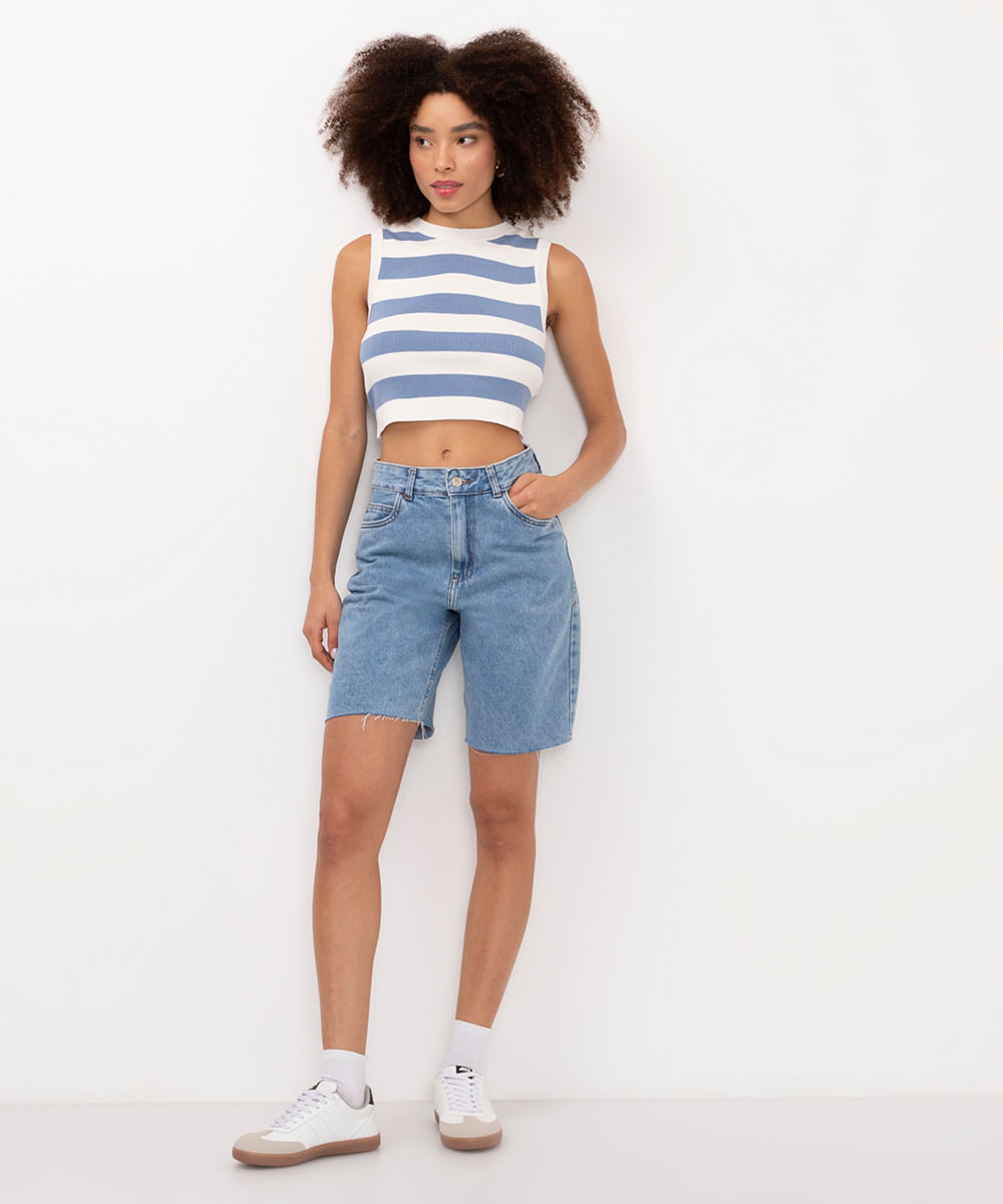 regata de tricot listrada decote redondo azul