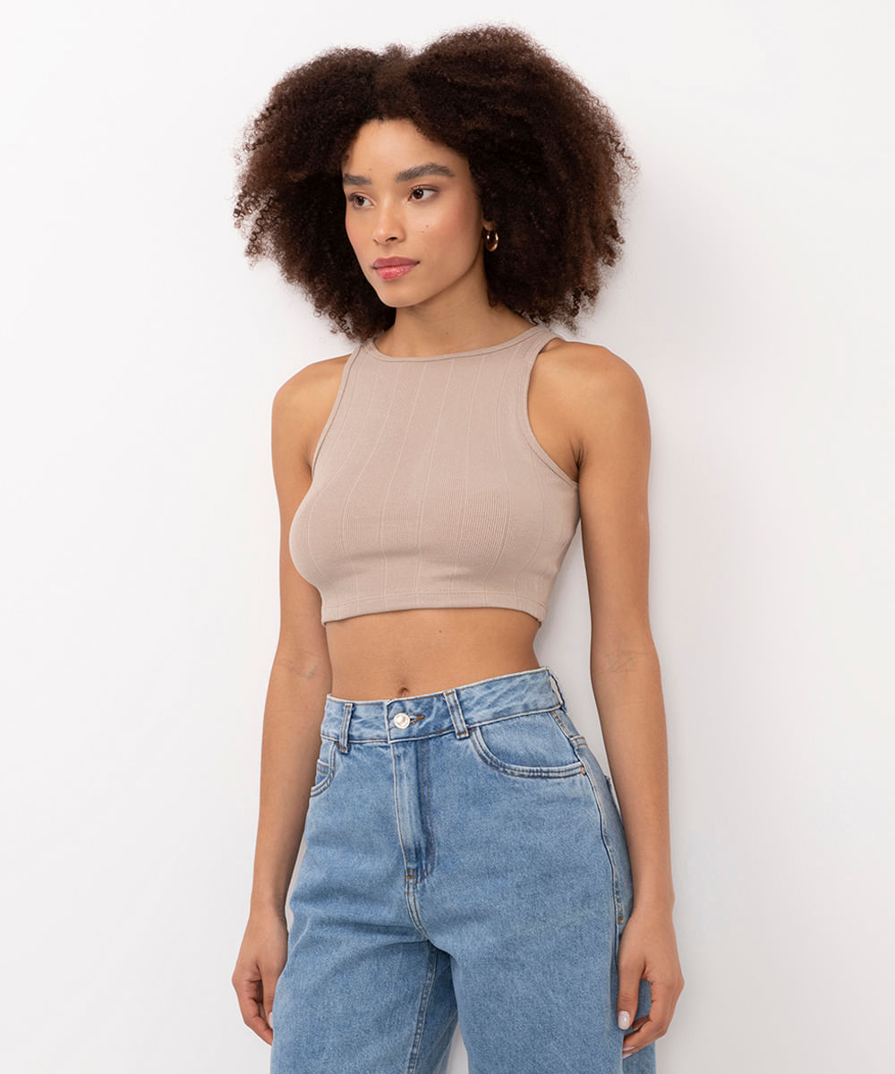 cropped de viscose canelado bege