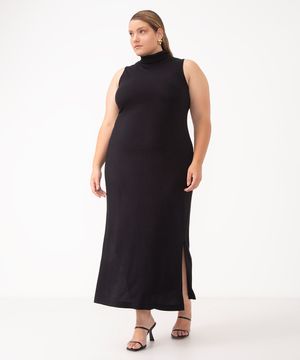 vestido midi plus size gola alta preto