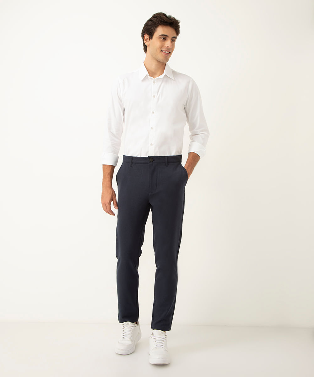 calça chino slim de alfaiataria masculina com elástico no cós azul