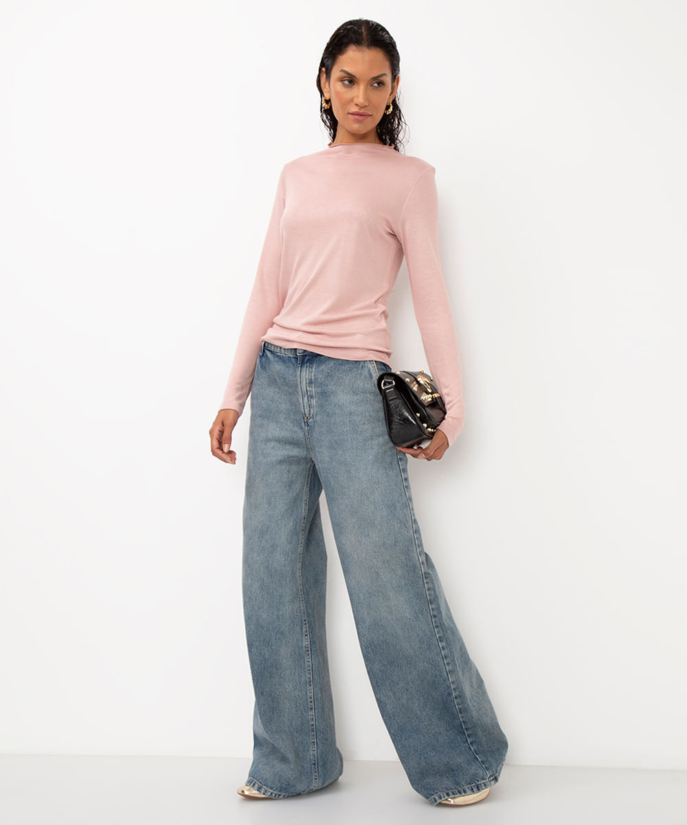 blusa de viscose manga longa rosa médio