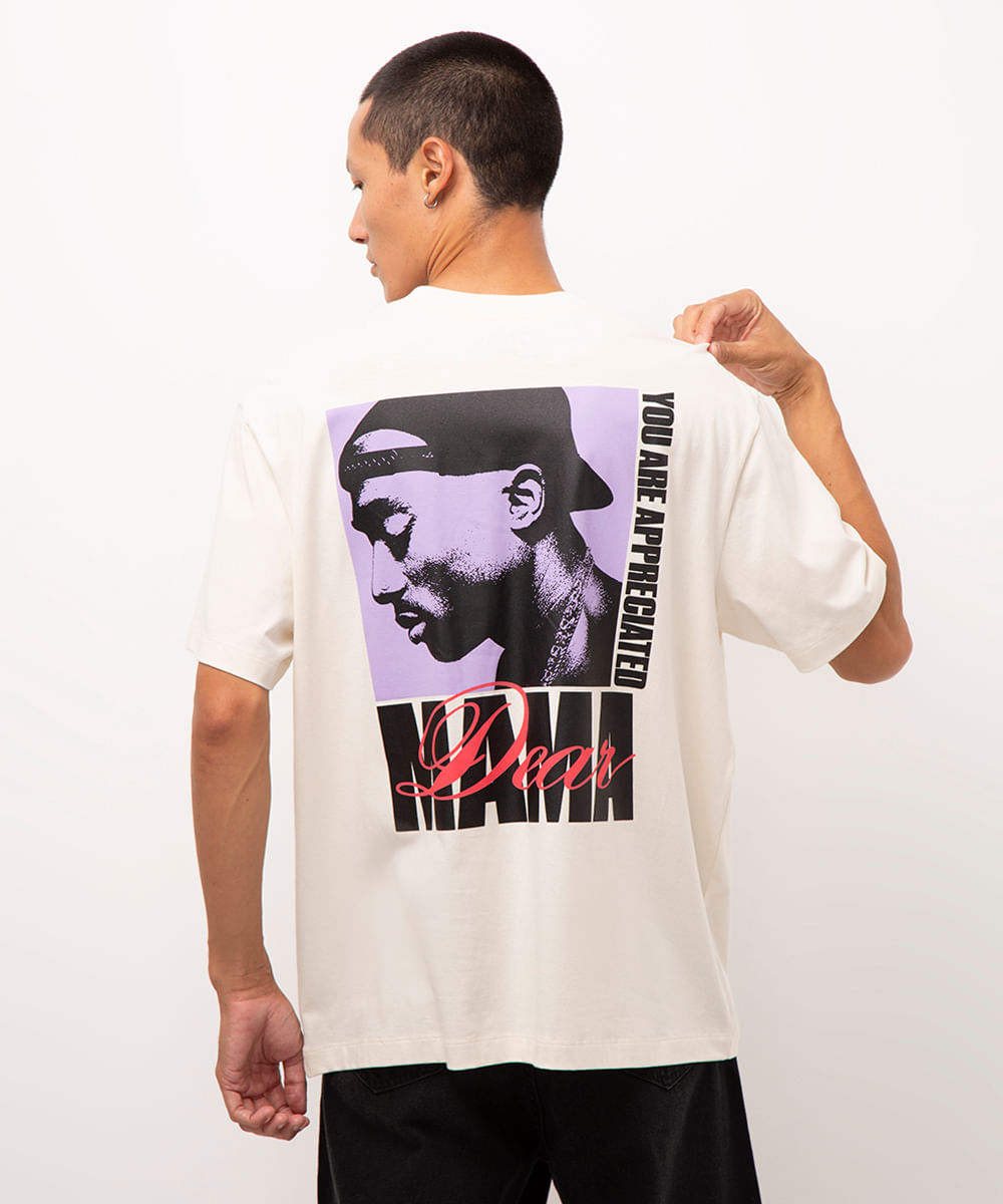 camiseta de algodão manga curta tupac bege
