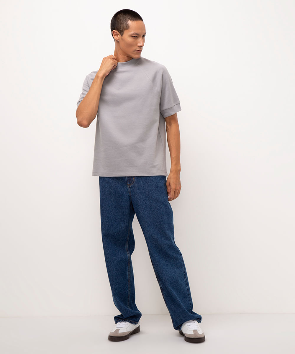 camiseta slim manga curta raglan cinza