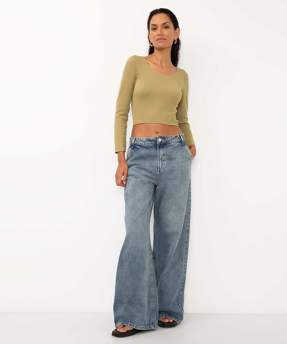 blusa de poliamida canelada cropped manga longa verde