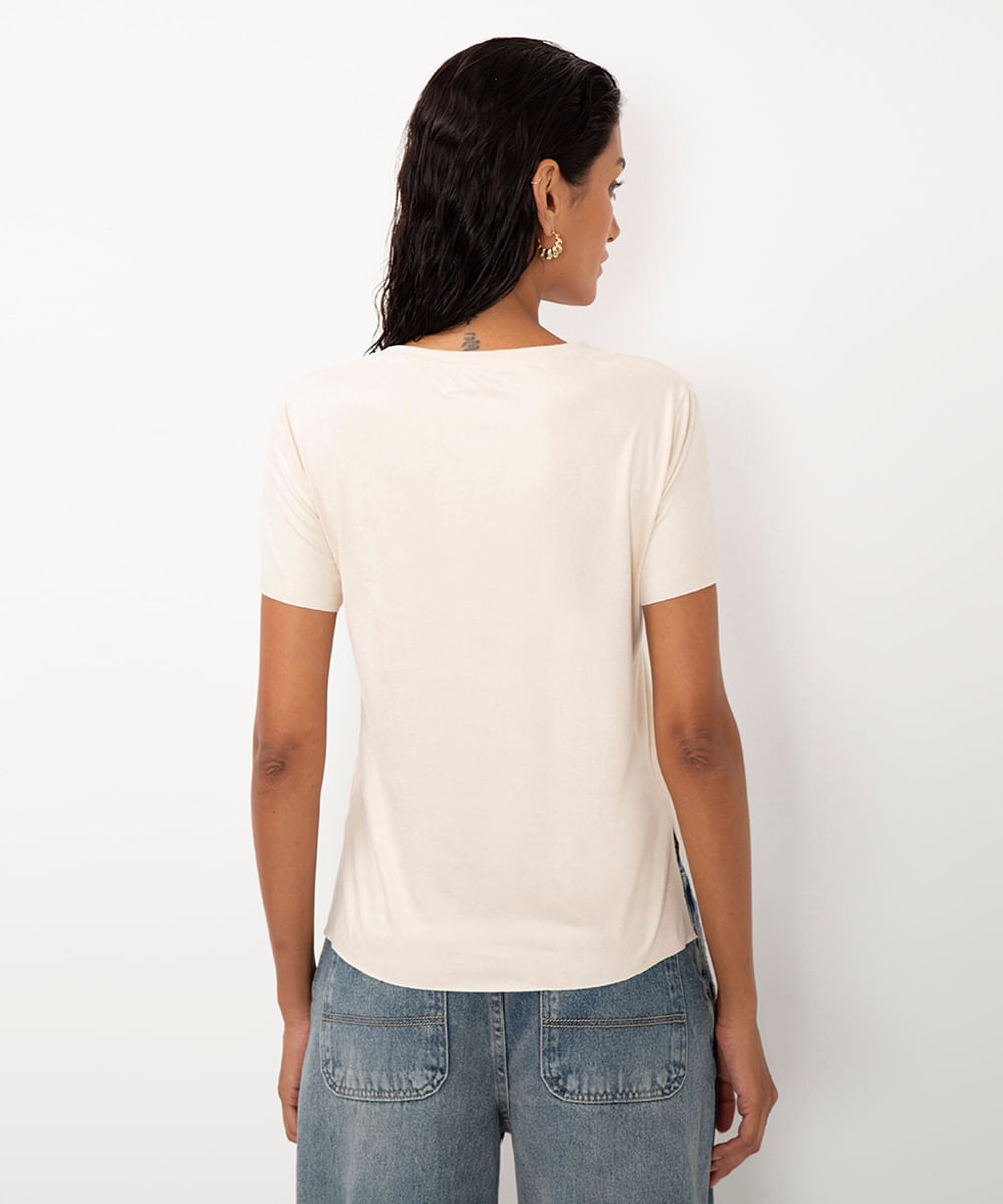 blusa de suede com escrita manga curta bege