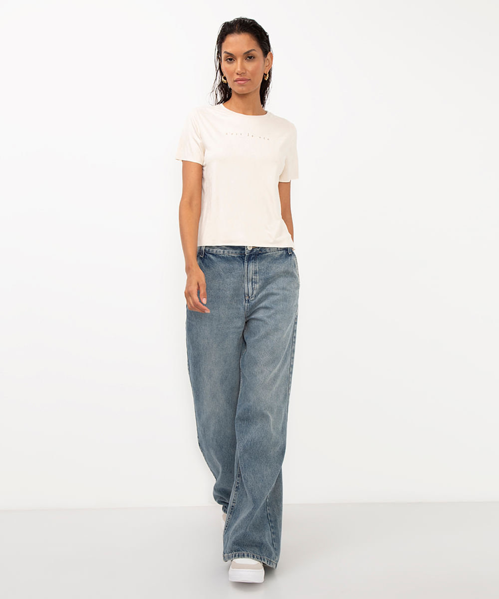 blusa de suede com escrita manga curta bege