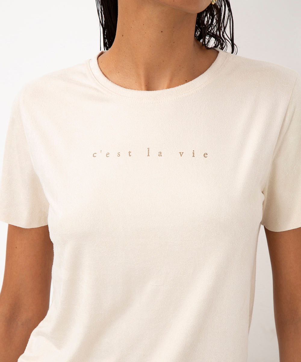 blusa de suede com escrita manga curta bege