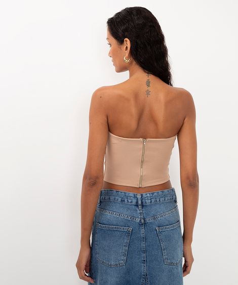 blusa corset sem alça com zíper bege