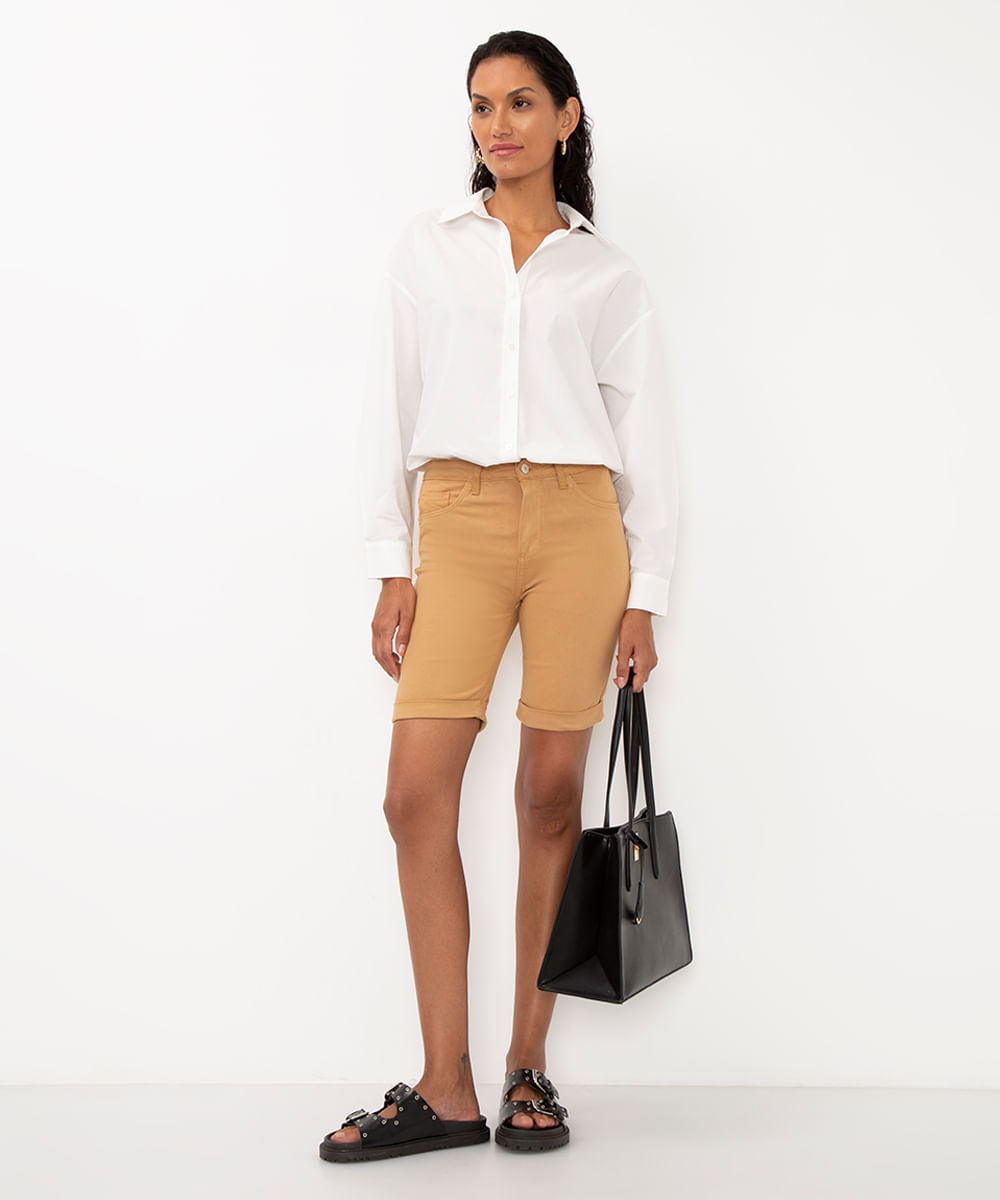 bermuda de sarja ciclista cintura média bege