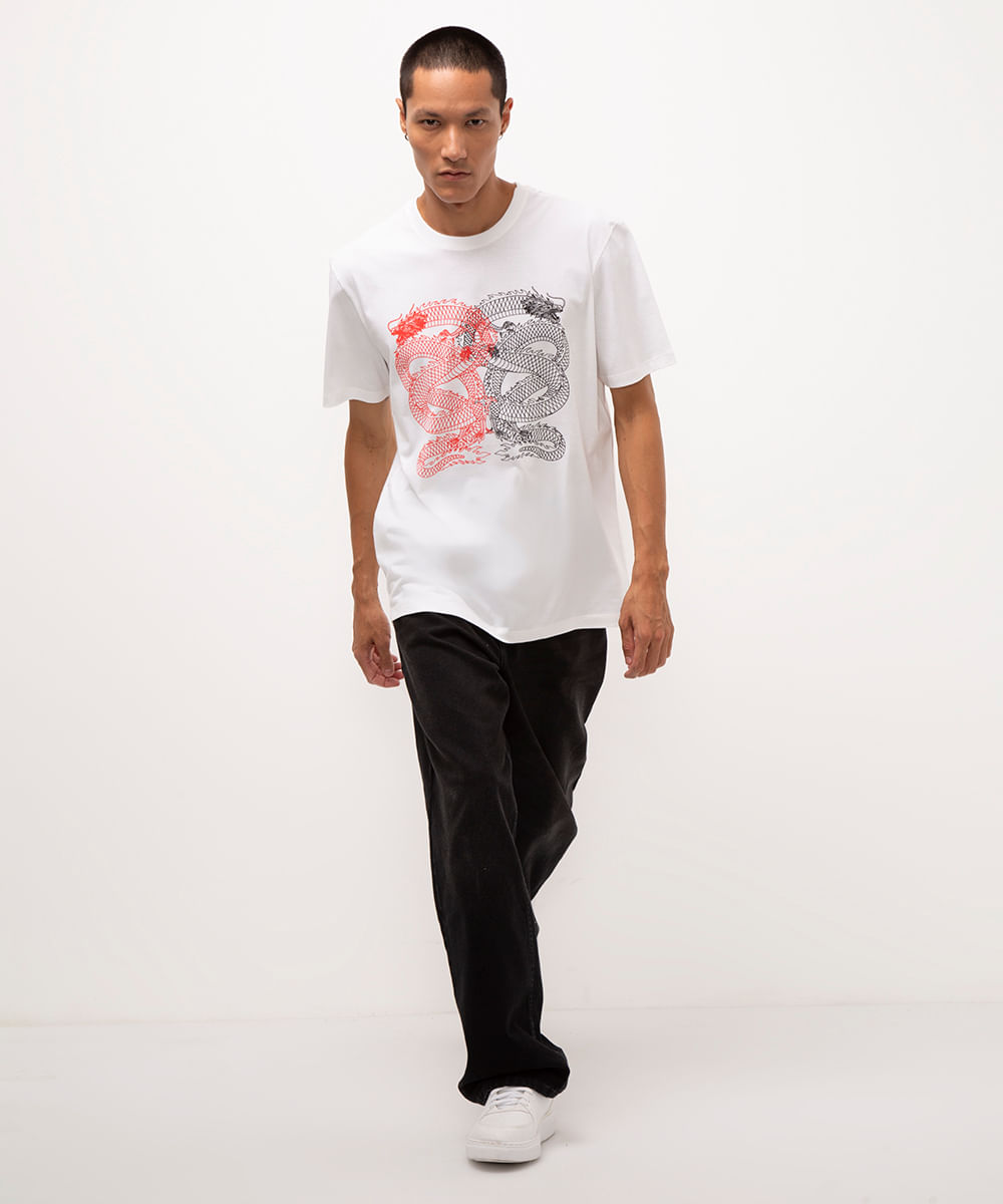 camiseta de algodão manga curta dragão off white