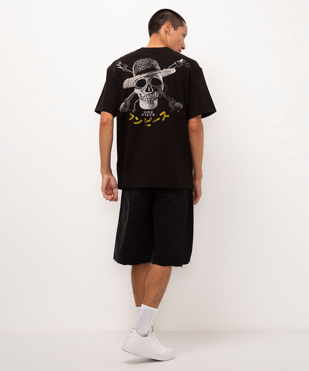 camiseta de algodão manga curta one piece preto